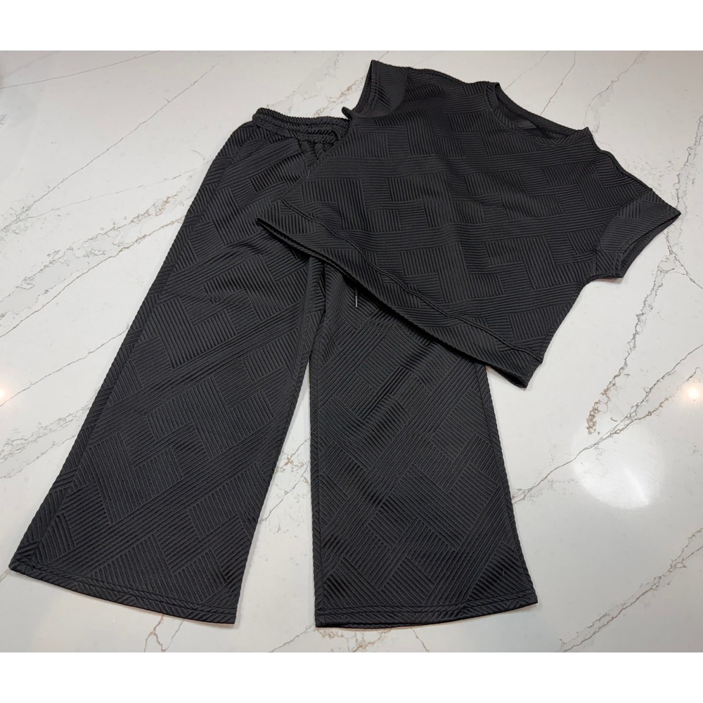 Black Textured Knit Short Sleeve Top Wide Leg Pants Set Women's Size‎ Small